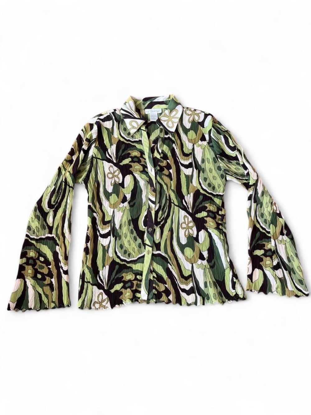 Pucci Look Alike Pleated Green Floral-Print Button Front Bell Sleeve Blouse